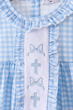 Blue cross bow embroidery ruffle gingham bloomer set