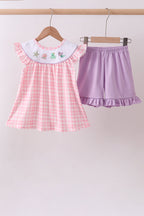 Pink octopus starfish embroidery plaid ruffle shorts set