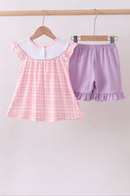 Pink octopus starfish embroidery plaid ruffle shorts set