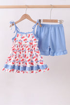 Blue cherry smocked ruffle shorts set