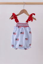 Blue flag embroidery seersucker bow bubble