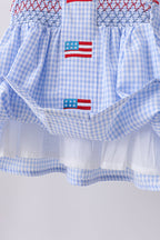 Blue flag smocked woven gingham bloomer set