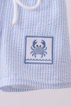 Blue stripe seersucker crab embroidery swim trunks