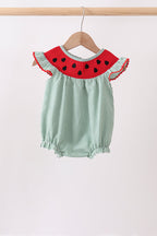 Green Watermelon Stripe Smocked Embroidered Seersucker Bubble