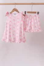 Pink bow print scalloped ruffle shorts set