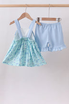 Blue beach print bow ruffle shorts set