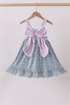 Purple floral print bow ruffle dress