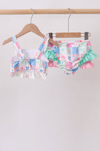 Green Bow Checkered Ruffle 2pc Swimsuit