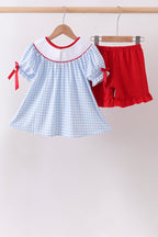 Blue School Bus Smocked Gingham Ruffle Shorts Set