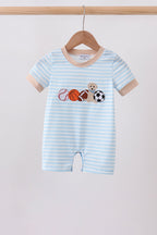 Blue Puppy Ball Embroidered Stripe Romper