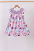 Purple Bow Embroidered Floral Scalloped Dress
