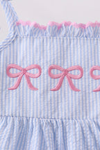 Blue Bow Embroidered Stripe Ruffle Dress