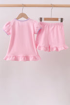 Pink ghost pumpkin embroidery ruffle shorts set