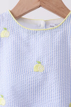 Blue stripe seersucker lemon embroidery scalloped bloomer set