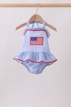 Blue flag applique gingham ruffle one-piece swimsuit