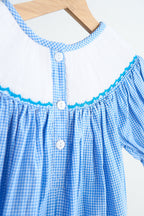 Blue snow princess hand smocked gingham dress