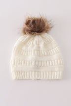 Ivory pompom cable beanie hat