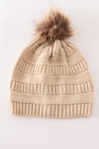 Beige pompom cable beanie hat