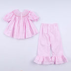 Pink christmas tree hand smocked ruffle pants set