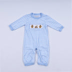 Blue gingerbread hand smocked gingham romper