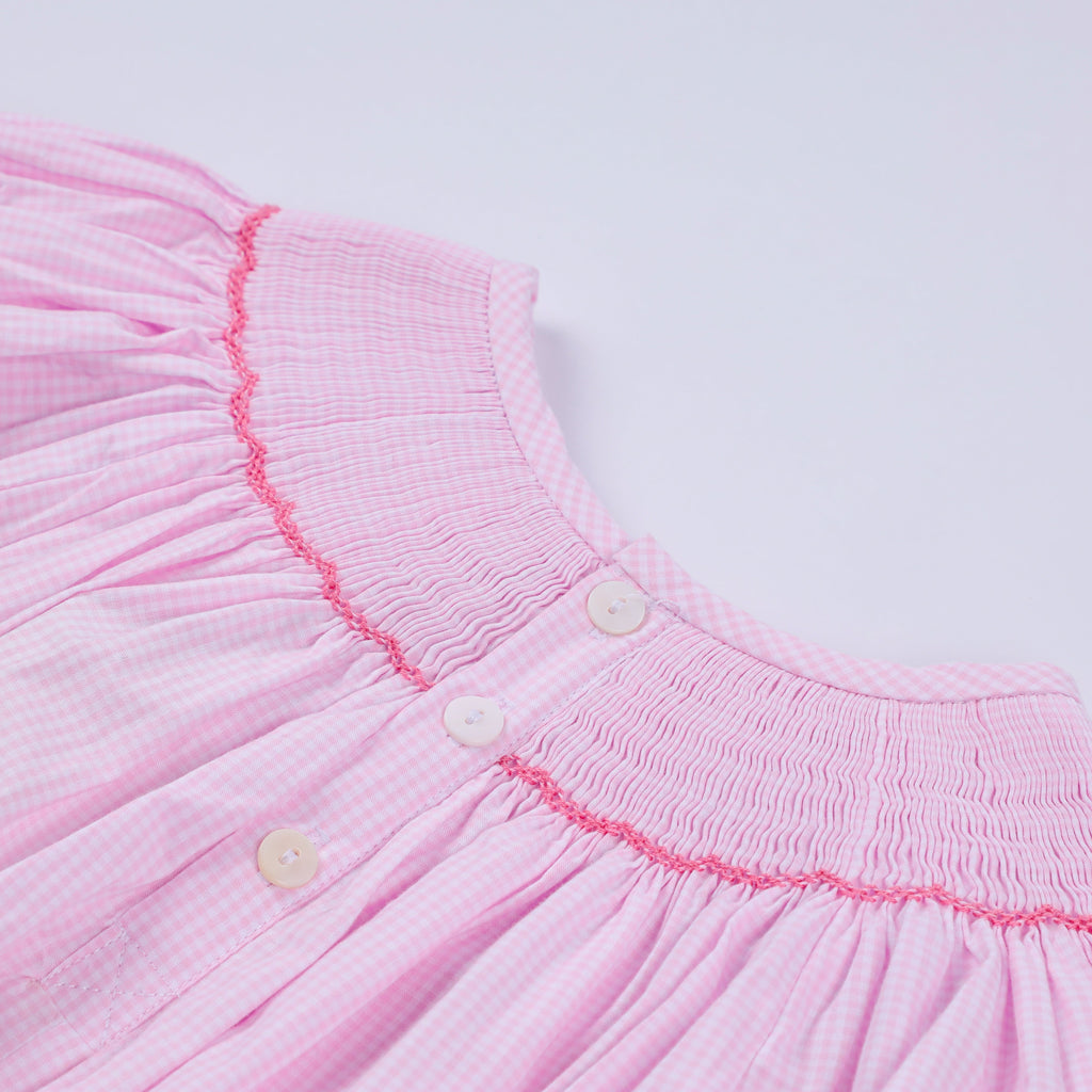 Pink christmas tree hand smocked ruffle romper