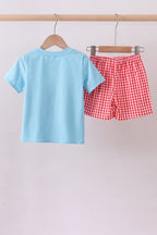 Blue strawberry applique gingham shorts set