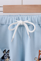 Blue character embroidery stripe shorts set