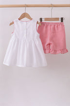 Pink flag smocked ruffle shorts set