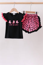 Black let's go girl boots leopard ruffle shorts set