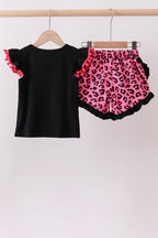Black let's go girl boots leopard ruffle shorts set