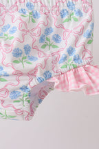 Pink hydrangea bow print 2pc swimsuit