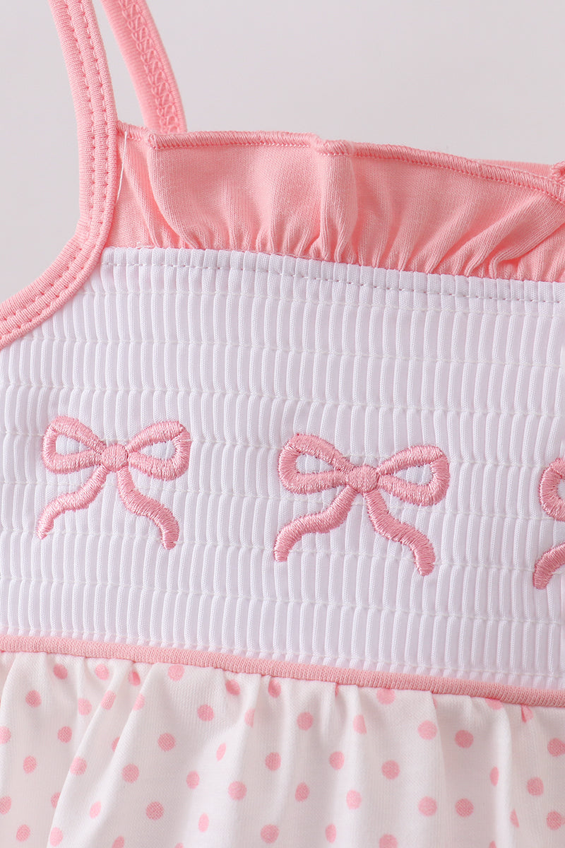 Pink bow smocked dot ruffle bubble
