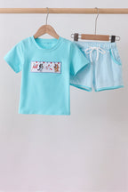 Blue character embroidery shorts set