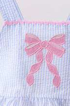 Blue bow embroidery seersucker ruffle 2pc swimsuit