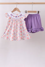 Purple rose bow smocked ruffle shorts set