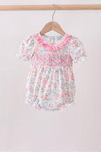 Pink floral bow smocked ruffle bubble