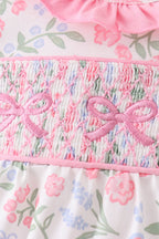 Pink floral bow smocked ruffle bubble