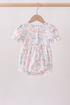Pink floral bow smocked ruffle bubble