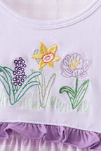 Purple floral embroidery gingham ruffle dress