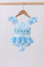 Blue rose smocked ruffle one-piece swimsuit