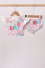 Pink floral patchwork ruffle 2pc swimsuit