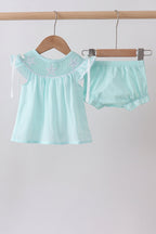 Blue starfish smocked jacquard ruffle bloomer set