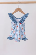 Blue strawberry bow ruffle one-piece swimsuit