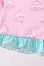 Pink sailboat print ruffle rashguard set