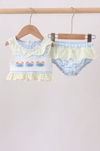 Yellow crab smocked ruffle 2pc swimsuit