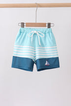Blue stripe sailboat embroidery swim trunks
