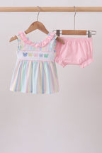 Rainbow stripe butterfly smocked ruffle bloomer set
