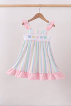 Rainbow stripe butterfly smocked ruffle dress