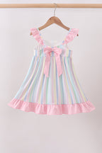 Rainbow stripe butterfly smocked ruffle dress