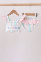 Rainbow stripe butterfly smocked ruffle 2pc swimsuit